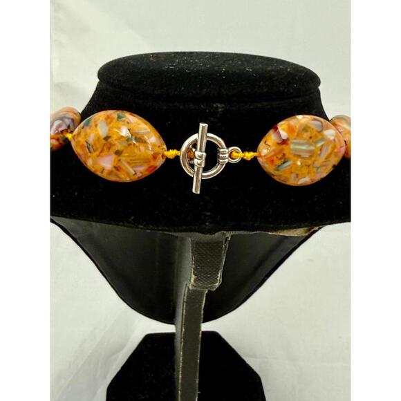 Orange Multicolored Flat Oval Mother of Pearl Gemstone Necklace 18 inch - Picture 6 of 7